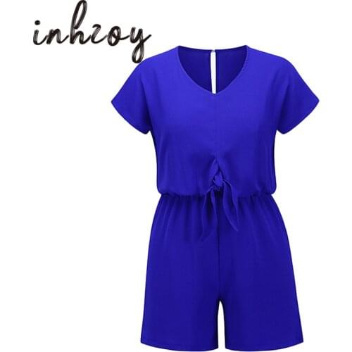 Women Casual Rompers Playsuit Overalls Summer Solid Color V Neck Lace Up Short Sleeve Sports Fitness Jumpsuit Female Bodysuit