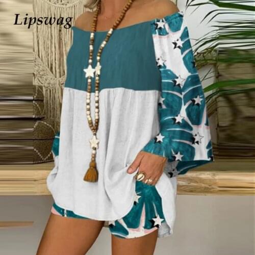 Casual Patchwork Women Two Piece Set Spring Summer Long Sleeve Pullover Tops And Loose Shorts Outfits Fashion Off Shoulder Suit