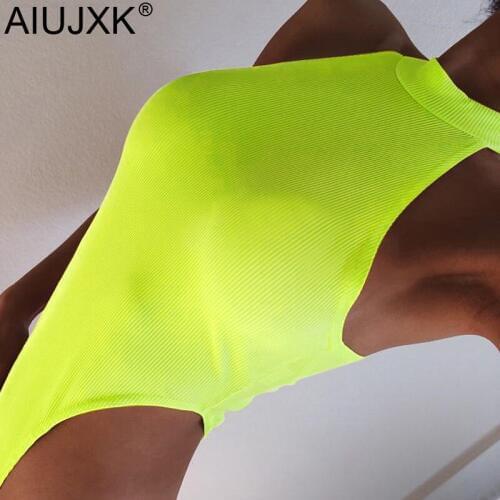 AIUJXK Off Shoulder Sexy Neon Green Bodysuit Women Ribbed Skinny Summer Sleeveless Romper Top Female Body Onesie Fashion Trendy