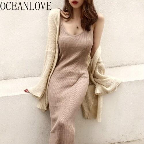 OCEANLOVE Knitted High Waist Solid Women Dress All Match Fashion 2020 Sexy V Neck Spring Summer Casual Long Dresses 15772