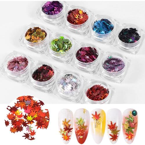 12 Colors Maple Leaf Sequins Holographic Fall Leaves Flakes Stickers Laser Nail Glitters Paillette Manicure Nail Art Decorations
