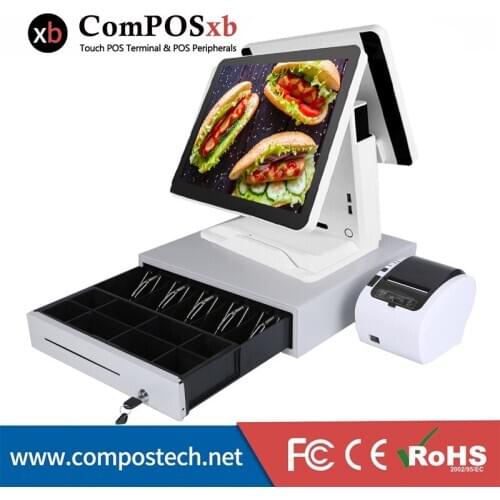15 inch POS All-in-one capacitive Touch screen POS systems with 15 inch customer display printer