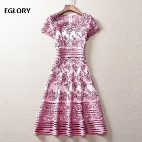 4XL Dress Vestidos 2020 Spring Party Lux Women O-Neck Allover Exquisite Embroidery Short Sleeve Slim Fitted Dress Yellow Pink