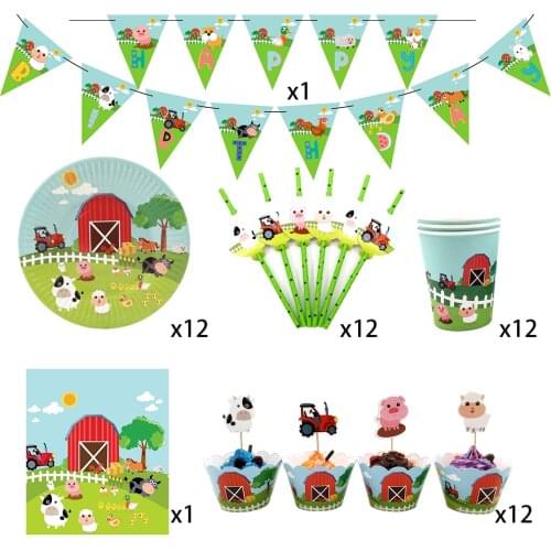 62pcs For 12 Kids Farm Animals Pig Cow Theme Birthday Party Supplies Tableware Set Plate Cup Straw Banner Tablecloth Etc