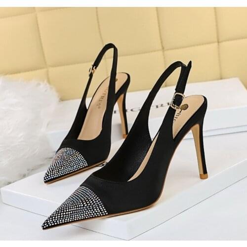 BIGTREE New Sexy Pointed High Heel Summer Sandals Fashion Silk Pointed toe Crystal Bordered Women Pumps Mules Plus Size 34-43