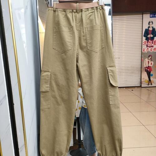 Hip Hop Casual Korean Loose Womens Cargo Pants BF Style Sashes High Waist Pockets Jogger Female Ankle Length Trousers Big Size