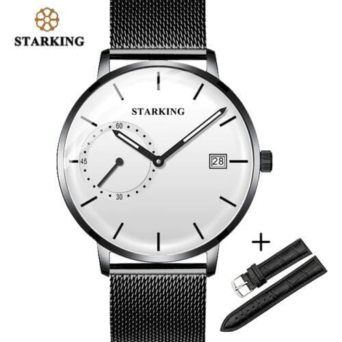 STARKING Men Watch Luxury Quartz Analog Clock Mesh Band Leather Strap SET Watch Auto Calendar Second Dial Watch Man Relogio