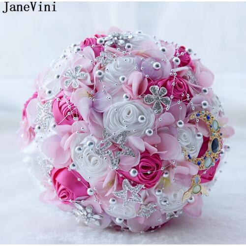 JaneVini 2019 Romantic Wedding Bridal Flowers Beaded Artificial Silk Roses Pink Bridesmaid Bouquets Mariage Wedding Accessories