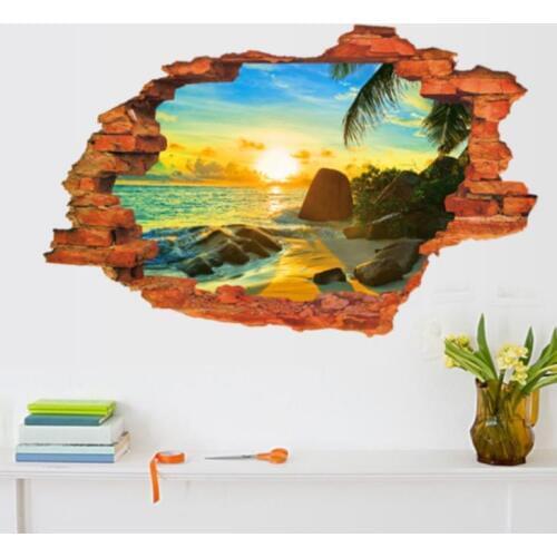 Newest 3D Broken Sunset Scenery Seascape Island Coconut Trees Household Adornment Wall Stickers Decals Wallpaper Art Poster