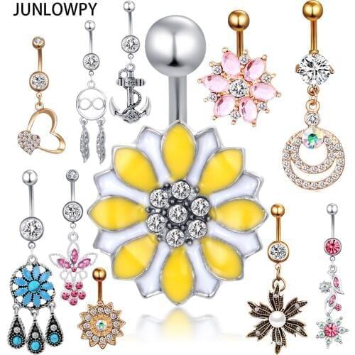 JUNLOWPY Belly Piercing Earring Nombril 14G Screw Bar Bell Button Rings Heart Flower Heart Dangle Navel Ring Body Jewelry 20pcs