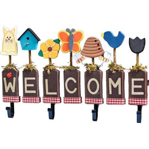 Creative Cartoon Wooden Welcome Hook Wall Hanging Hooks Retro Wall Storage Key Hooks Home Decoration Ornament