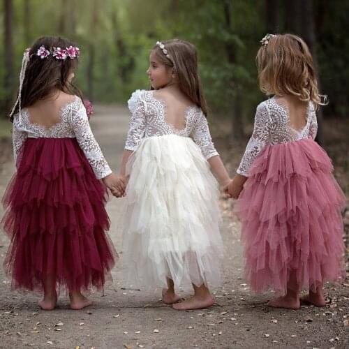 Toddler Kids Baby Girls Summer White Dresses Long Sleeve Party Prom Costume Girl Pageant Dancing Frocks Lace Tutu Layered Dress
