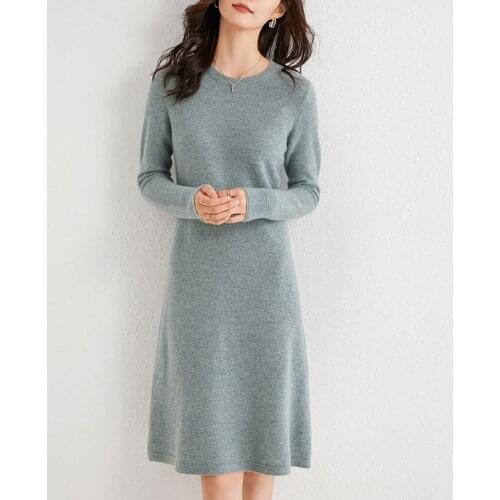 Hot Sale 100% Wool Knitted Dress for Women New Spring Winter/ Autumn O-Neck Female Dresses Long Style Cashmere Pullover Fashion