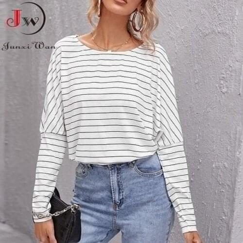 Fashion Women Striped T Shirt Casual Loose Spring Autumn O-Neck Batwing Long Sleeve Elegant Basic Office Ladies Tops Pullovers