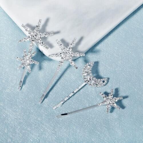 Trendy Rhinestone Silver Color Hair Grips Star Moon Pattern Design Hair Clip Simple Hairpins Girls Hair Accessories XH