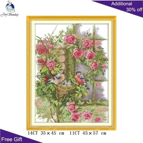 Joy Sunday Birds And Flowers Cross Stitch D527 14CT 11CT Stamped and Counted Bed Room Home Decor Happy Family Cross Stitch Kits