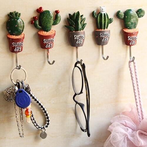 Wall Hook Cactus Adhesive Artificial Flower Pot plant Home Decor Storage Organizer Key Rack Bathroom Kitchen Towel Hanger