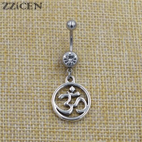 New Indian Buddhist Vintage Yoga OM Symbol Ohm Pendant Dangle Bar Belly Button Rings Crystal Body Navel Piercing Jewelry Gifts