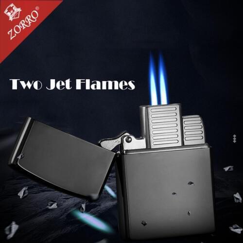 Original zorro two jet flames lighter windproof steel inner liner, copper case gas inflatable cigarette lighter