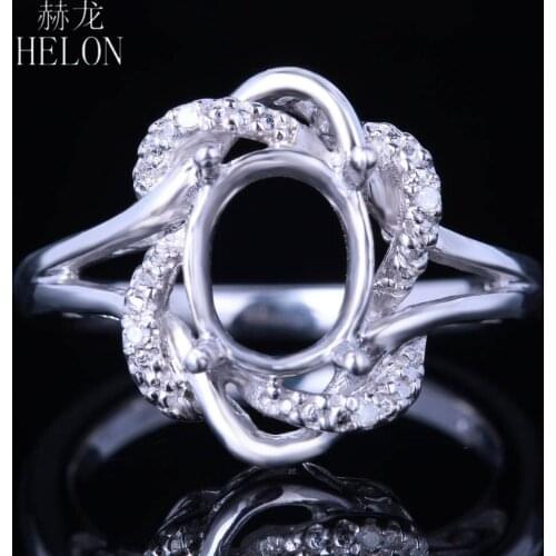 HELON 7X9MM Oval Cut Solid 14k White Gold Pave Natural Diamond Semi Mount Engagement Wedding Ring Setting Women Fine Jewelry