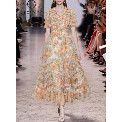 SEQINYY Summer Dress New Fashion Design Runway V-Neck Mesh Ruffles Orange Flower Printed High Quality Ladies Party Midi