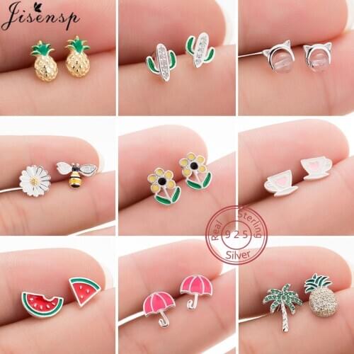 Real 100% 925 Sterling Silver Earrings for Women Kids Jewelry Lovely Cat Bee Cactus Umbrella Cup Earring Prevent Allergy brincos
