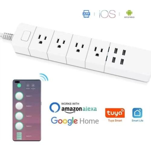 Smart power strip Wifi 4 US works with alexa googlehome multi plug four takes 4 AC Socket 4 USB voice contro