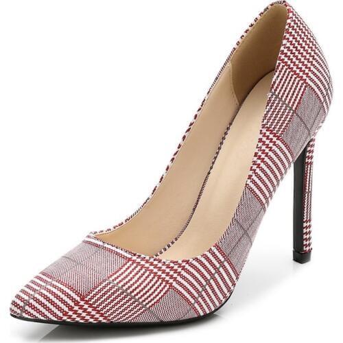 Super Thin High Heels Women Pumps Plaid Pointed Toe Shallow Stiletto Footwear Autumn Party Ladies Shoes Big Size 35-46 DB0032