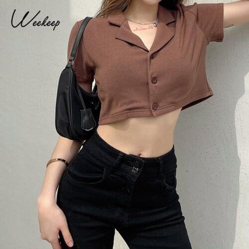 Weekeep Brown Summer Short Sleeve Cardigan Vintage Turn-down Collar Buttons Crop Top Womens Loose Streetwear Tee Shirt Harajuku