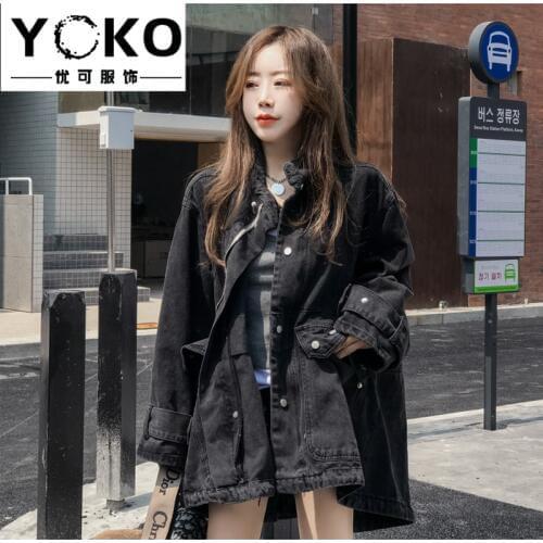YOKO denim jacket female 2019 new spring and autumn loose Korean boyfriend style retro tooling denim shirt ins Cardigan coat