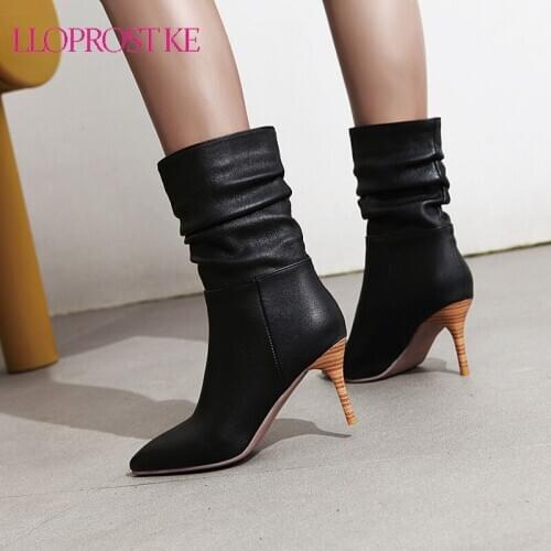 Lloprost ke 2021 Pointed Toe Ankle Boots PU Leather Slip on Women Shoes Autumn Winter Thin Heel All Match Short Boots Big Size