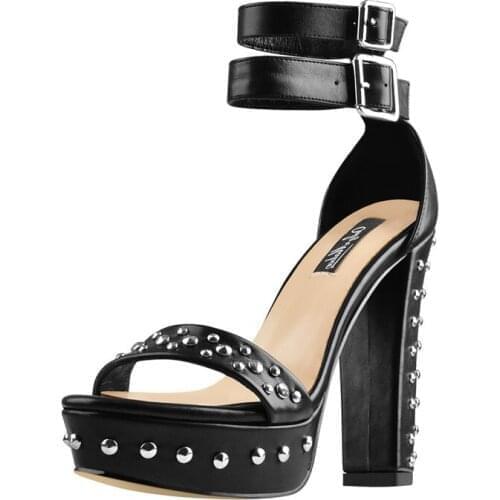 Richealnana Summer Women Platform Chunky High Heels Rivet Double Ankle Buckles Sandals Matte Black Party Punk Casual Daily