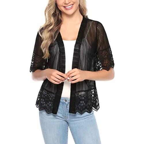 Women Open Front Shrug Short Sleeve Cardigan Solid Lace Patchwork Sheer Bolero Cover-Up Female Transparent Cover Up S-XL