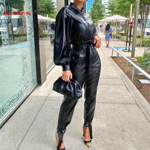 New Arrival Casual 2 Pcs PU Long Sleeve Suit Women Set Fashion Black O-neck Puff Sleeve Tops Long Pants Autumn Sexy Club Outfits