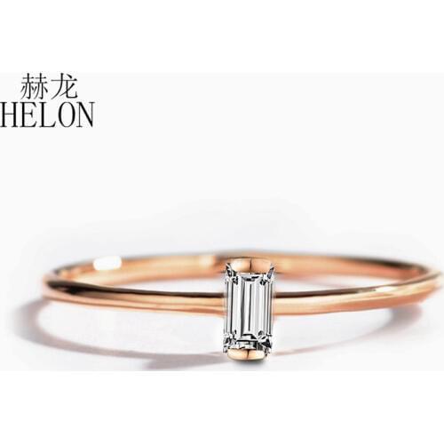 HELON Solid 14K Rose Gold 0.05CT Baguette Cut SI/H 100% Genuine Natural Diamonds Engagement Ring Women Trendy Fine Jewelry