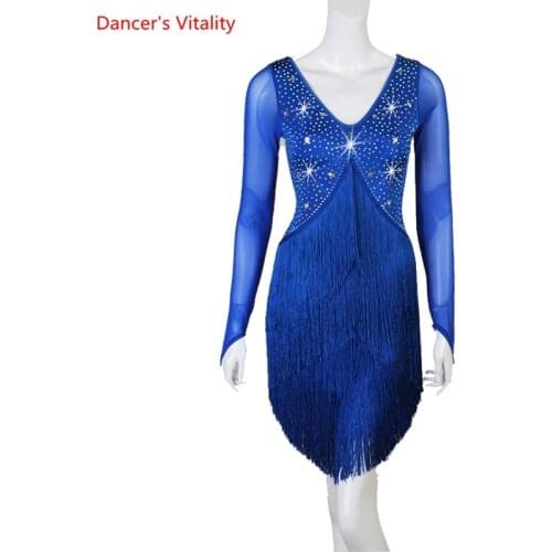 Women Latin Dance Dress Customize Size Rhinestone Long sleeves Red Tassel Stage Play Performance Professional Salsa Suit