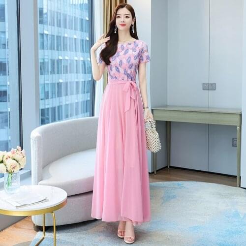 2021 Elegant Vintage Womens Beach M-4XL Chiffon Soft O-Neck Sexy Lace Splice Print Party Female Long Summer Vestidos Dress Robe