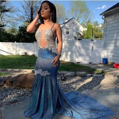 Blue Prom Dresses Mermaid Spaghetti Straps Appliques Beaded Sequins Sparkle Long Prom Gown Evening Dresses Robe De Soiree