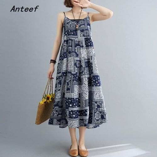 Sleeveless cotton linen vintage floral dresses for women casual loose long summer dress elegant clothes 2021 sundress