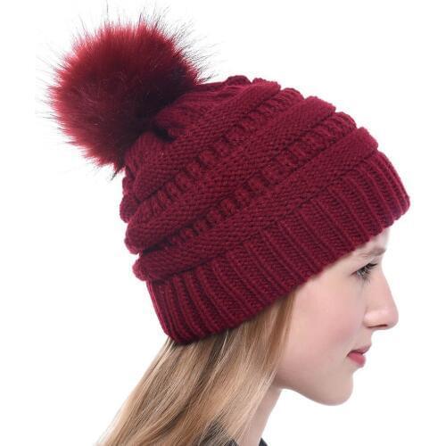 Winter Female Mom Women Skullies Crochet Knitted Hat Caps Children Girl Boy Wool Fur Bobble Ball Pompom Beanies Wool Poms Hats