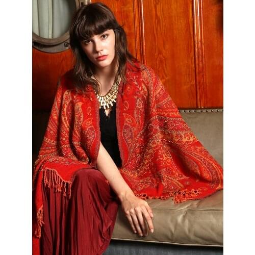 100% Merino Wool Scarf Women Handmade Thickened Warm Winter Red Pashmina Shawl Long Embroidery Luxury Soft Autumn Nepal
