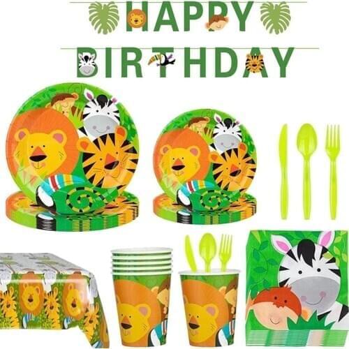 16pcs Lion Zebra Tiger Tableware Happy Birthday Party Decor Paper Plate Cup Napkin Jungle Animal Banner Safari Party Decor Set