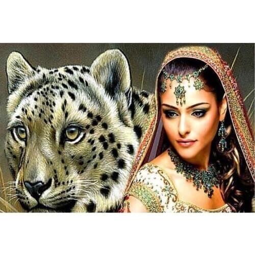K1960 YIKEE Diamond Painting Full Drill Kit " Leopard and Woman " Diamond Embroidery 5D DIY Diamonds Mosaic Cross Stitch
