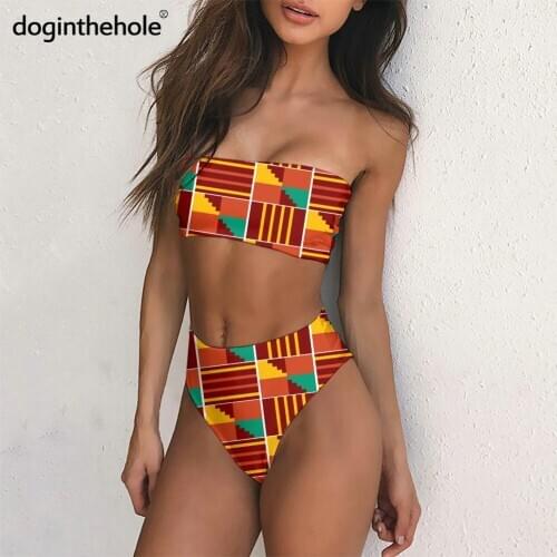 Doginthehole Fashion African Print Women Swimsuit Casual Summer Swimming wear Teen Girls 2pcs Strapless Bikini set Sexy mujer