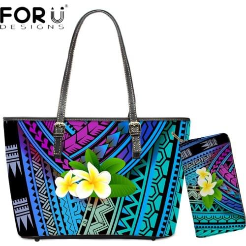 FORUDESIGNS Hot Sales 2pcs Set Women Large Handbag And PU Leather PursePolynesian With Plumeria Flower Print Elegant Lady Sac