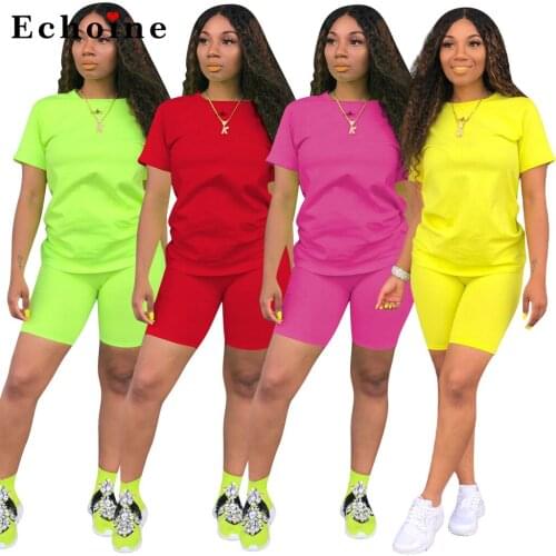Casual 2 PCS Set Women Tracksuit O Neck Short Sleeve T Shirt Top Biker Shorts Minimalist Sportswear Female Slim Elastic Outfits