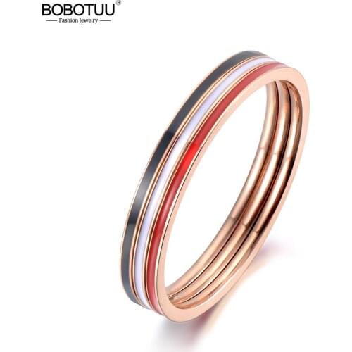 BOBOTUU Simple Design Black/White/Red Glaze Anniversary Rings Jewelry For Women Rose Gold Titanium Stainless Steel Ring BR19083