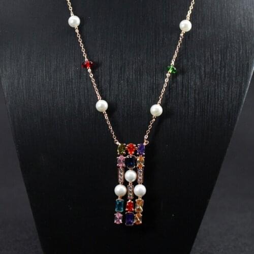 Copper Jewelry For Women Rectangle Necklace color stone fashion gem zircon long sweater chain Pendant famous brand jewelry