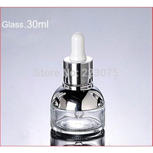 NEW 30ml transparent glass dropper bottle w silver shoulder&collar bulb glass bottle empty Refillable cosmetic Bottles 50pcs/lot