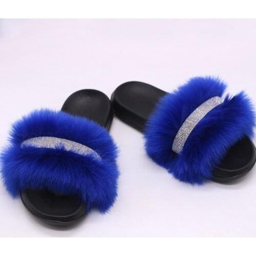 New Artificial Fox Leather Shoes Womens Plus Diamond Foreign Trade European and American Anti Slip Plush Slippers
